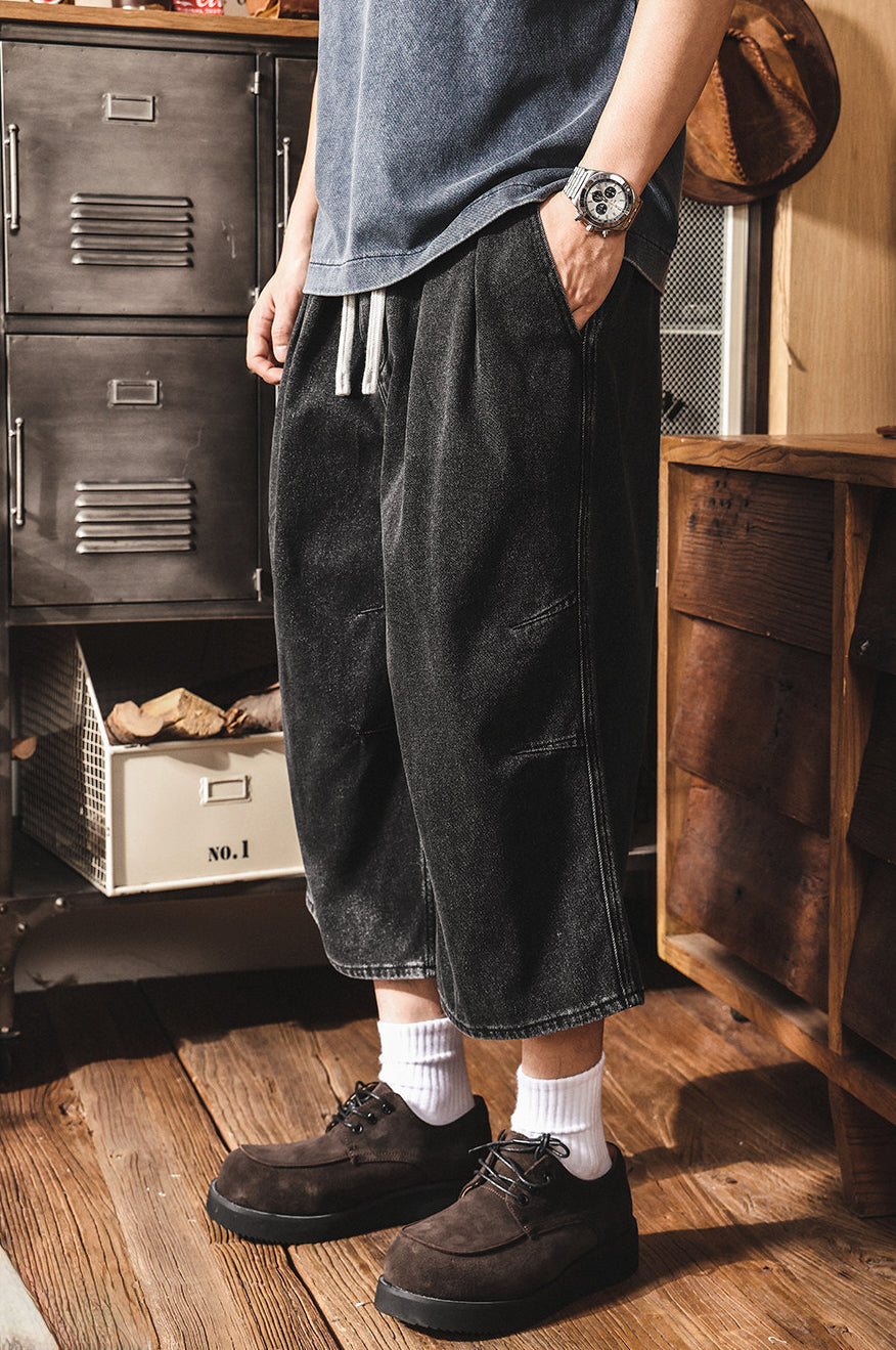 Vintage Wash Relaxed Drawstring Pleated Below Knee Jorts - The Slouchy Baggy Denim Culotte