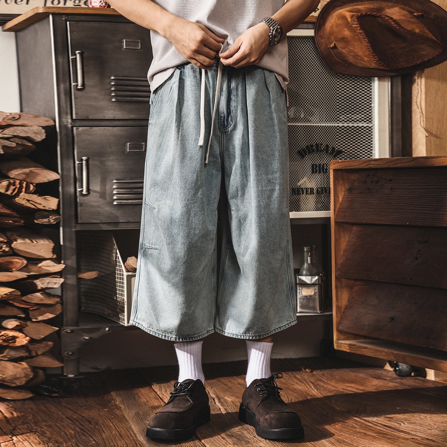 Vintage Wash Relaxed Drawstring Pleated Below Knee Jorts - The Slouchy Baggy Denim Culotte