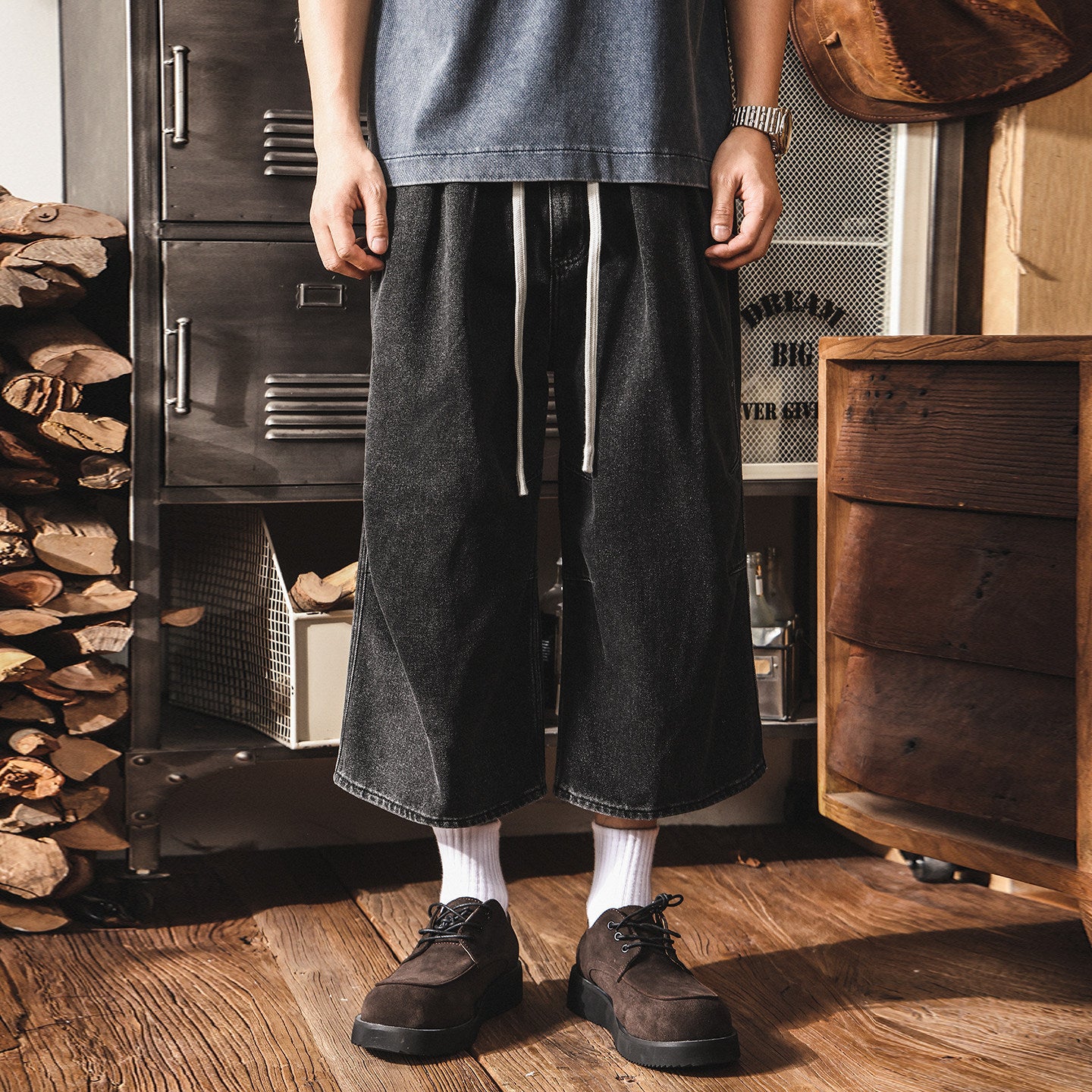 Vintage Wash Relaxed Drawstring Pleated Below Knee Jorts - The Slouchy Baggy Denim Culotte