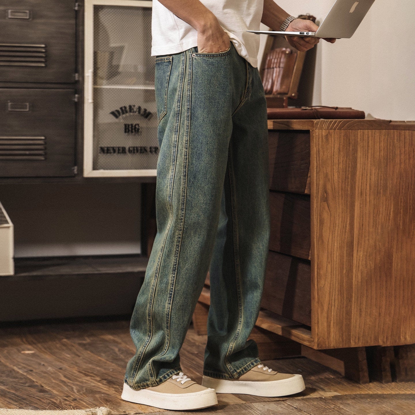 Green-Tinted Vintage Wash Denim Pant