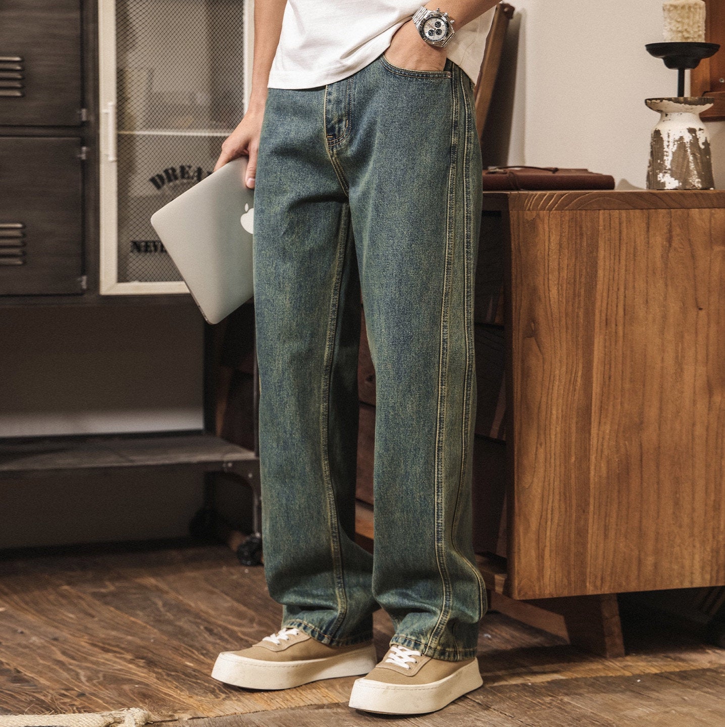 Green-Tinted Vintage Wash Denim Pant