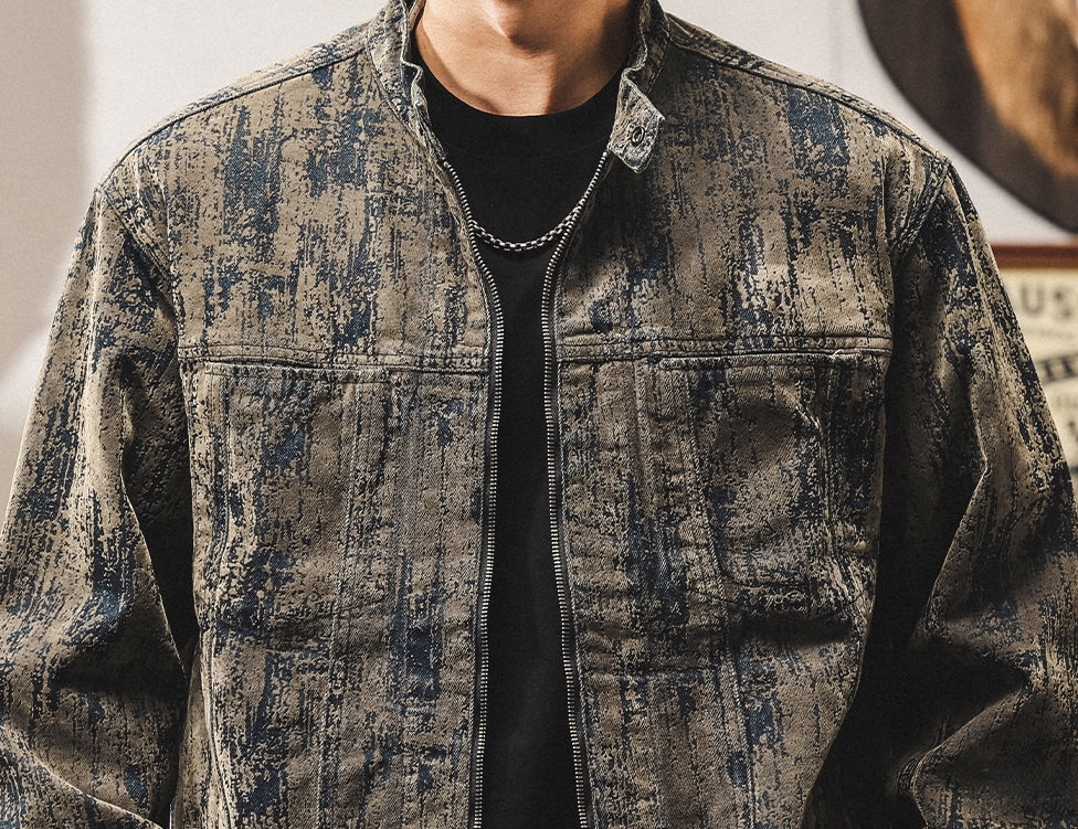 Washed Print Denim Stand-Collar Jacket