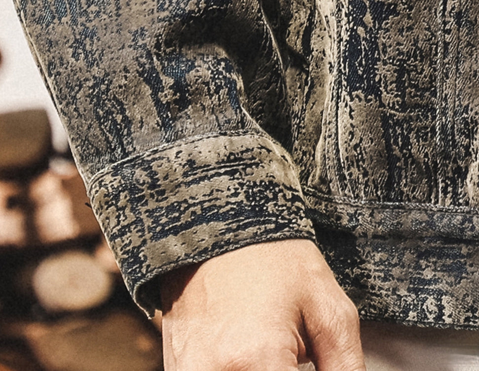 Washed Print Denim Stand-Collar Jacket