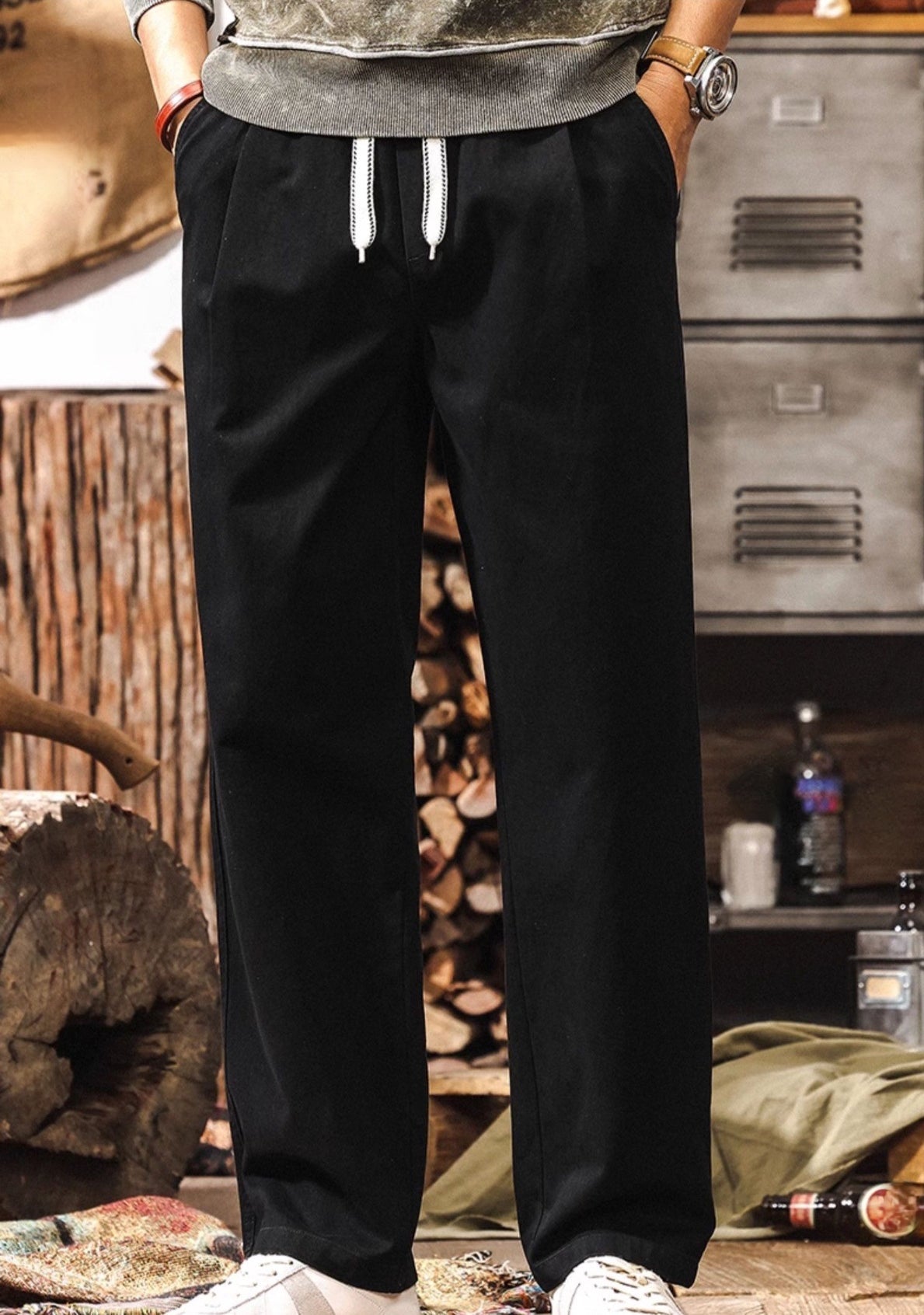 Men's Black Relaxed Fit Drawstring Pants