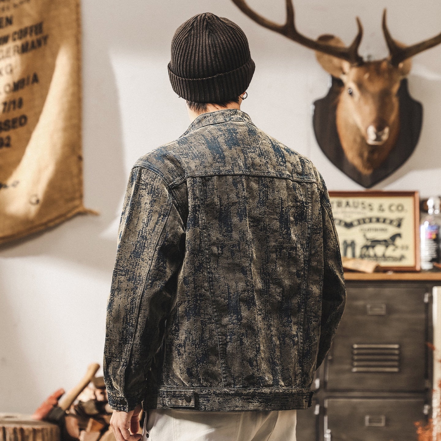 Washed Print Denim Stand-Collar Jacket