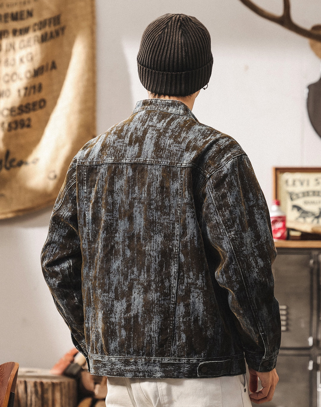 Washed Print Denim Stand-Collar Jacket