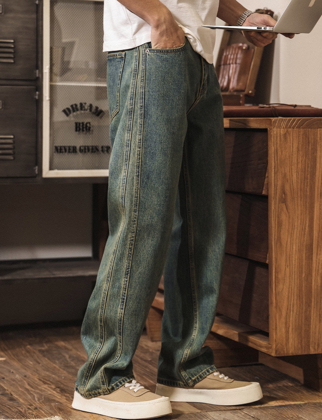 Green-Tinted Vintage Wash Denim Pant