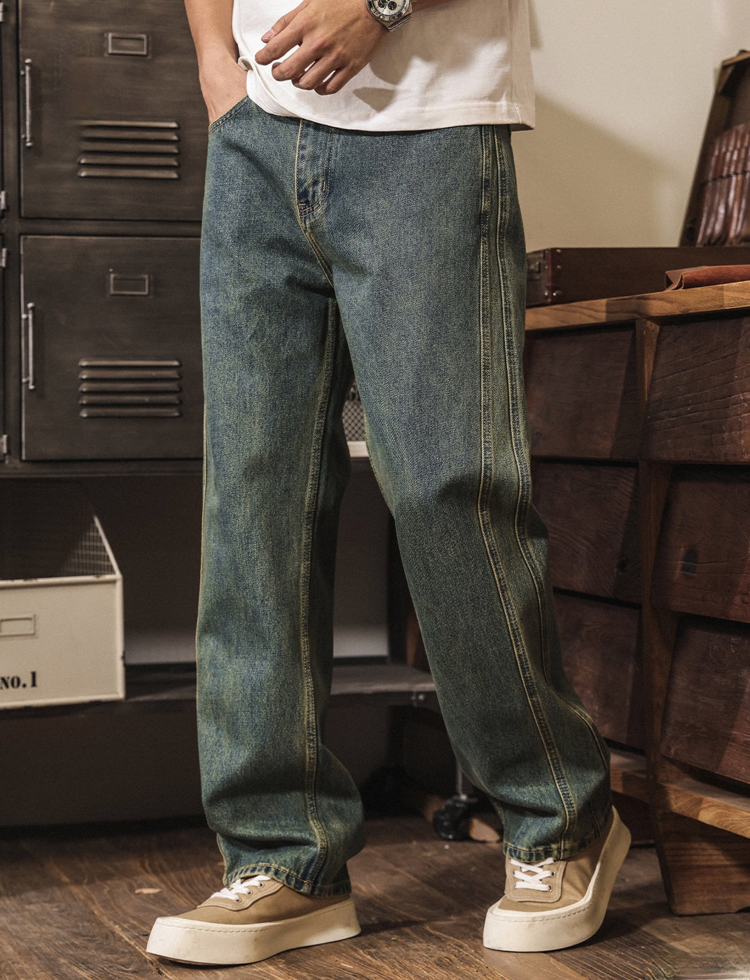 Green-Tinted Vintage Wash Denim Pant