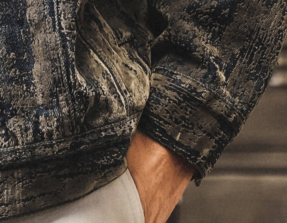 Washed Print Denim Stand-Collar Jacket