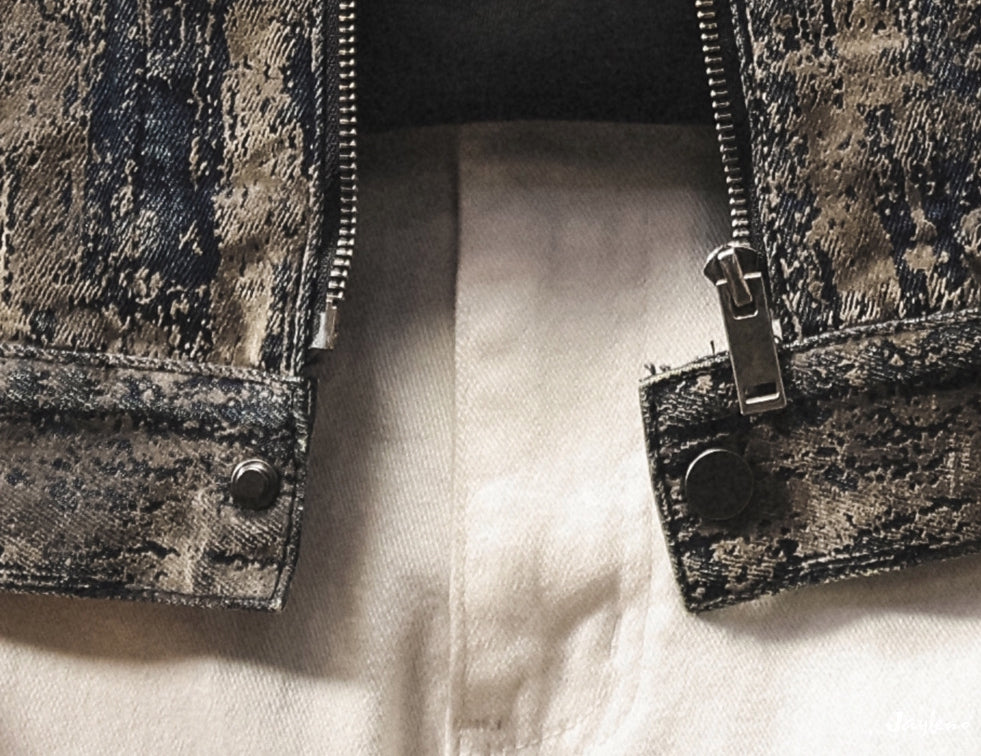 Washed Print Denim Stand-Collar Jacket