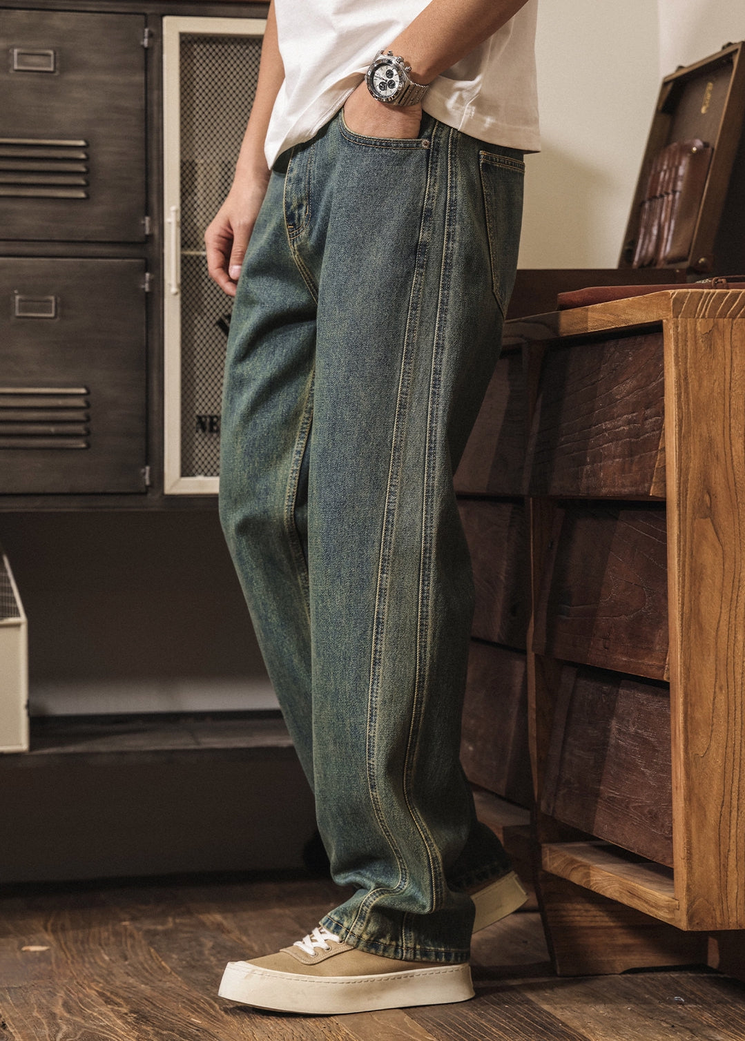 Green-Tinted Vintage Wash Denim Pant