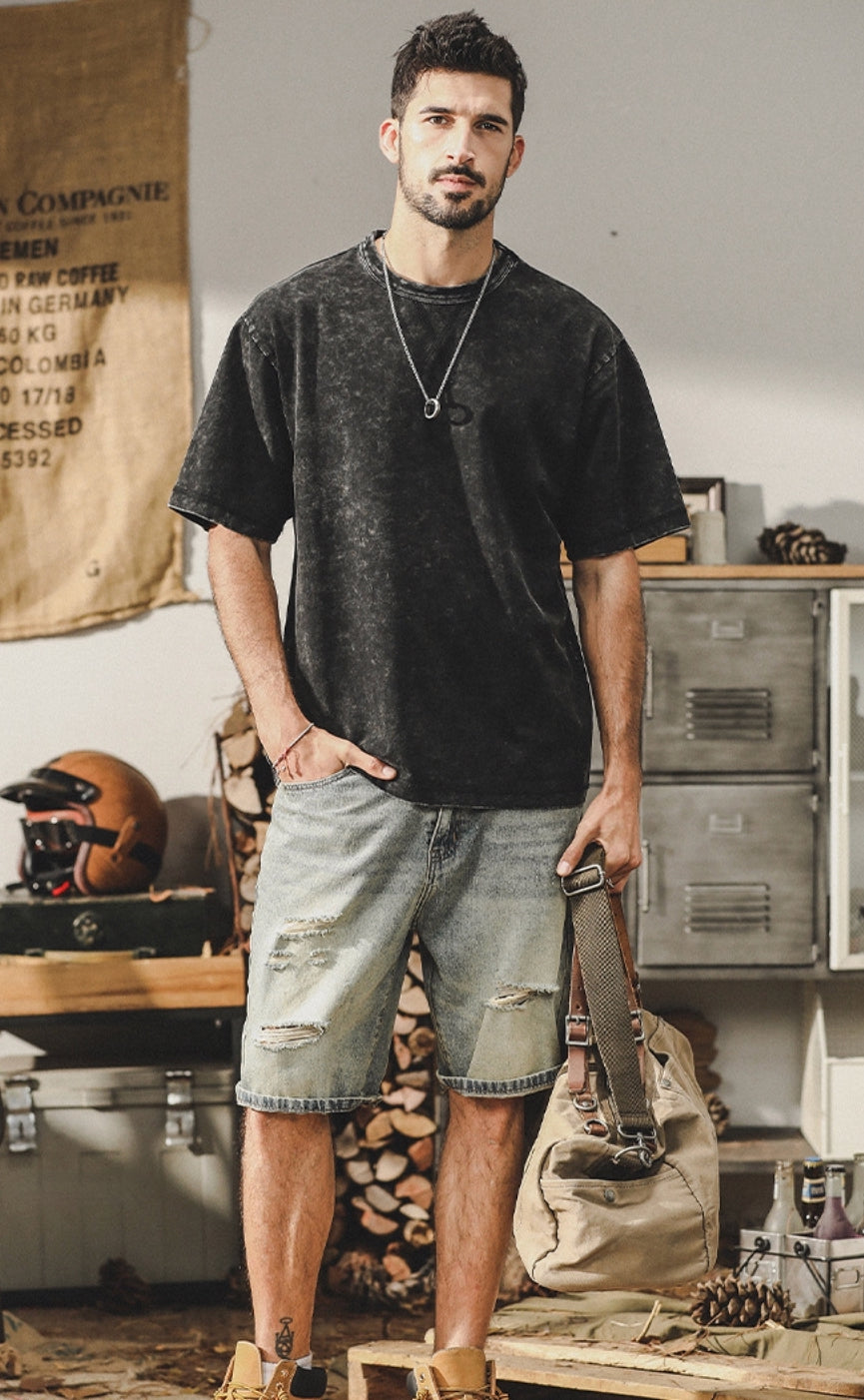 Vintage Wash Charcoal Black Crew Tee - 202307060002_BLA