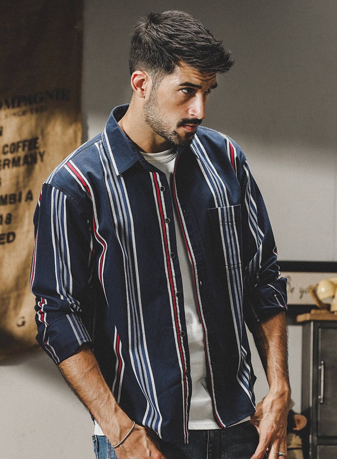 Harbor Stripe Tweed Shirt - 2023090213_NAVY