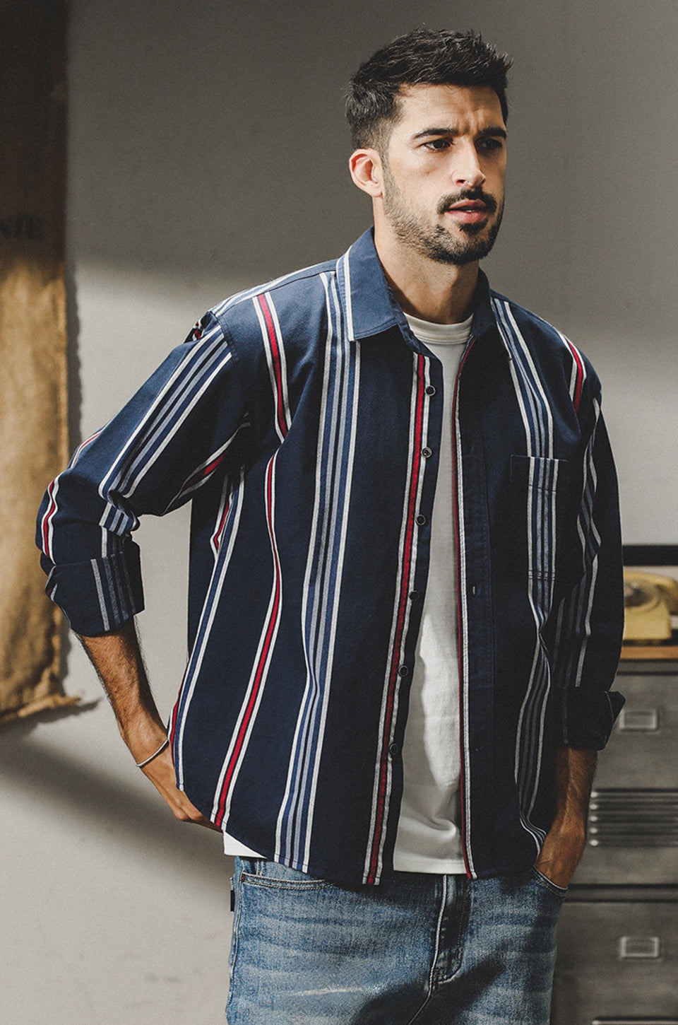 Harbor Stripe Tweed Shirt - 2023090213_NAVY