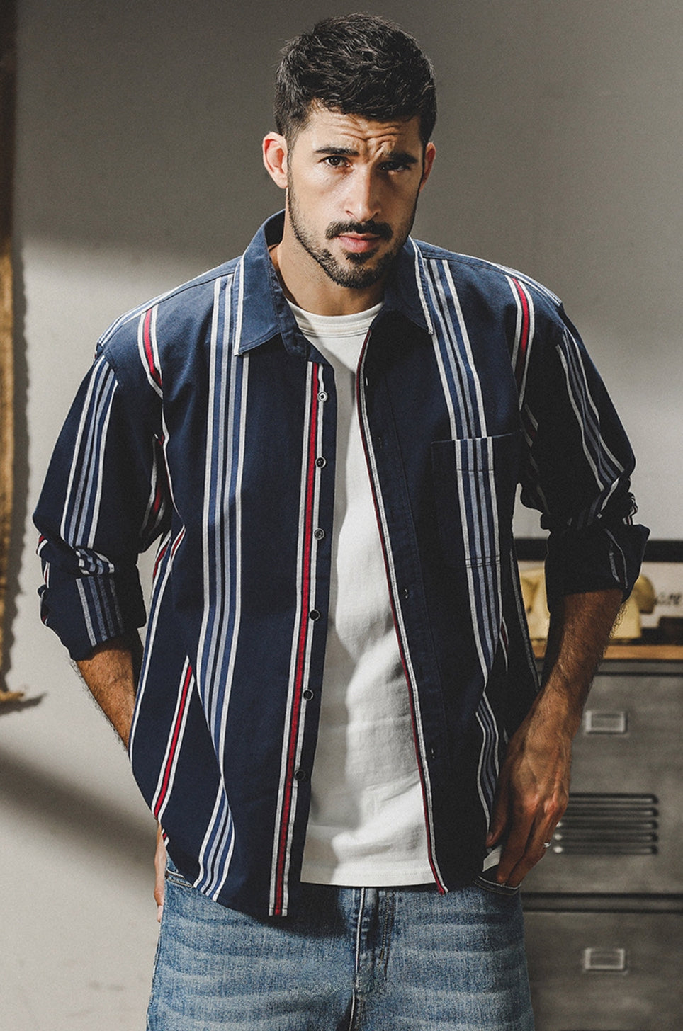 Harbor Stripe Tweed Shirt - 2023090213_NAVY