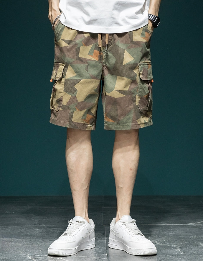 Khaki Geometric Camo Cargo Shorts - XDK3257P_KHA