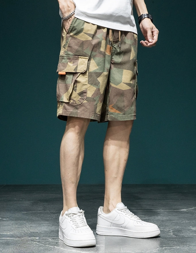 Khaki Geometric Camo Cargo Shorts - XDK3257P_KHA