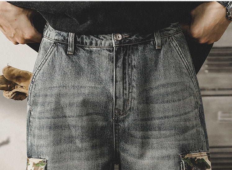 Camo Accent Denim Cargo Shorts