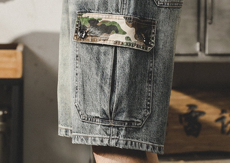 Camo Accent Denim Cargo Shorts