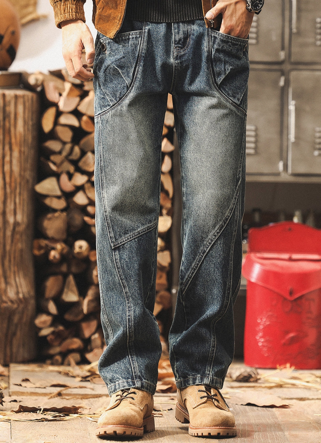 Washed Loose Panelled Jeans