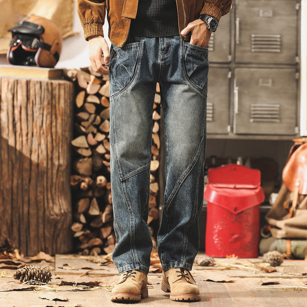 Washed Loose Panelled Jeans