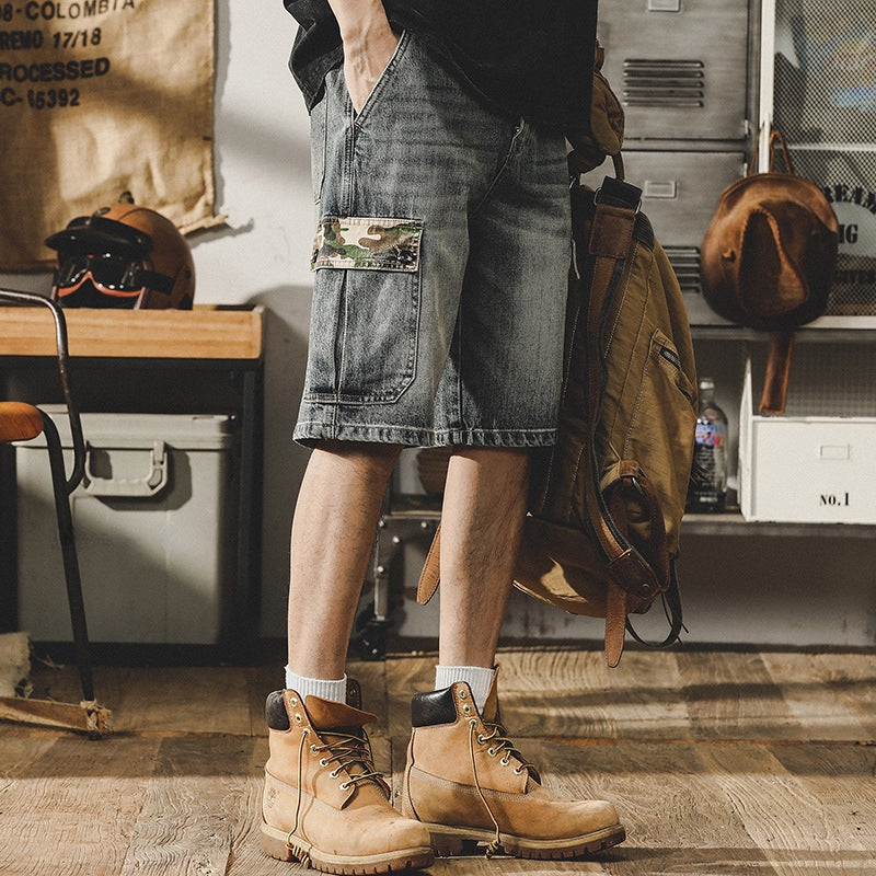 Camo Accent Denim Cargo Shorts