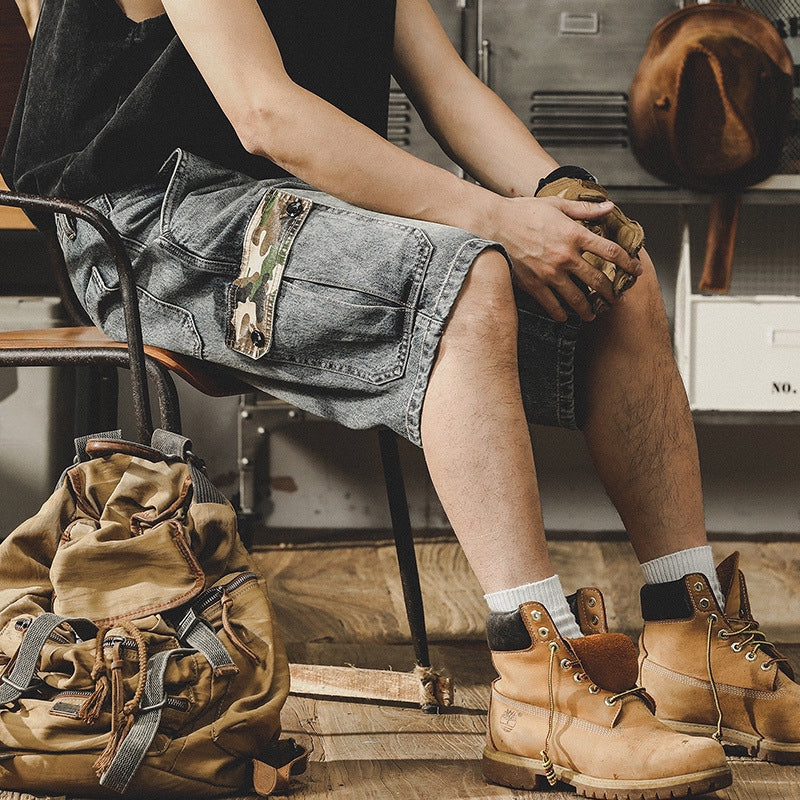 Camo Accent Denim Cargo Shorts
