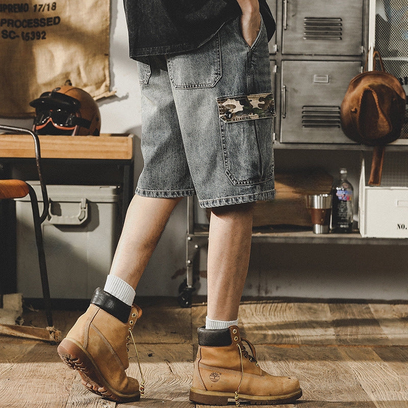 Camo Accent Denim Cargo Shorts