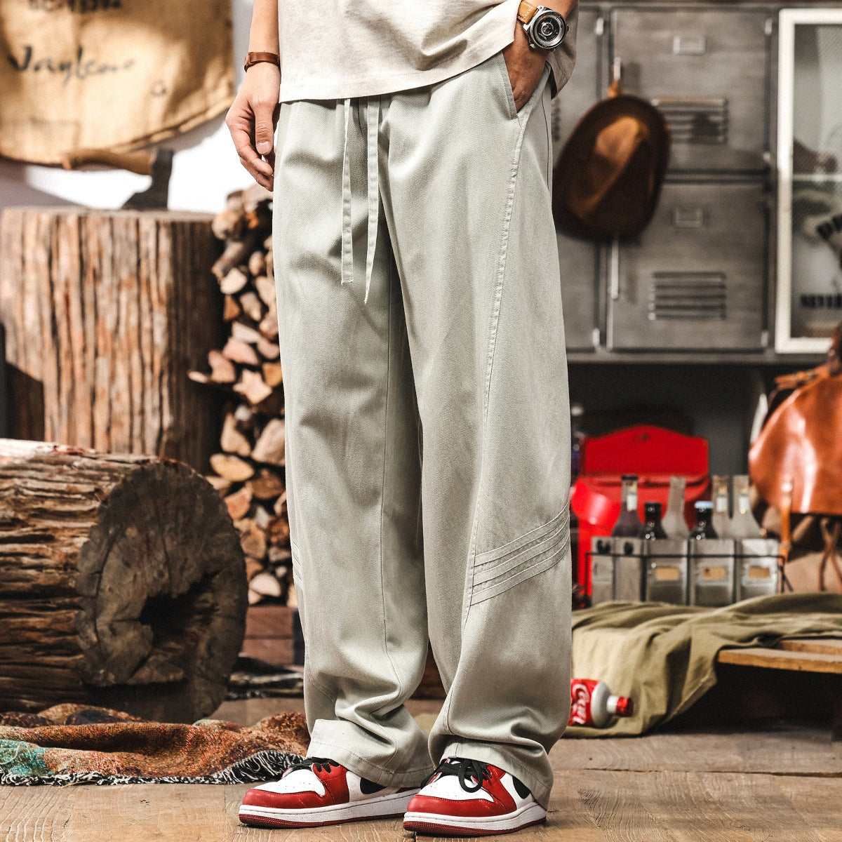 Wear Resistant Wide-Leg Streetwear Pants in Grey