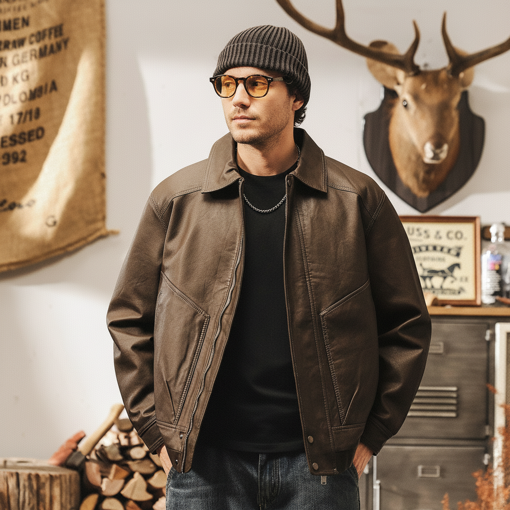 Washed Leather Zip Jacket