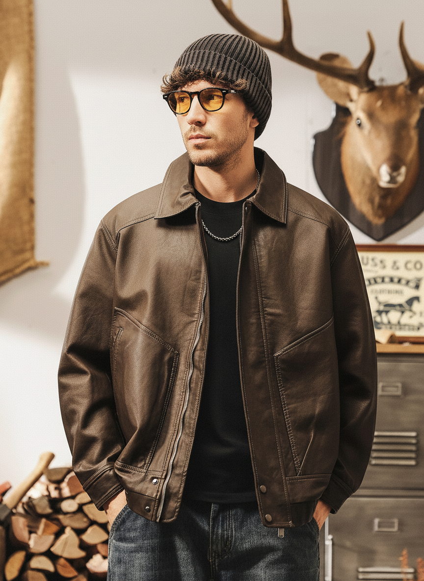 Washed Leather Zip Jacket