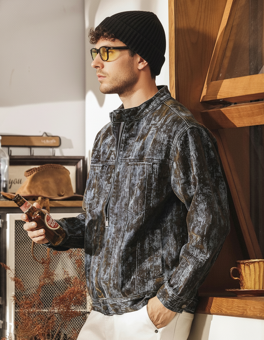 Washed Print Denim Stand-Collar Jacket