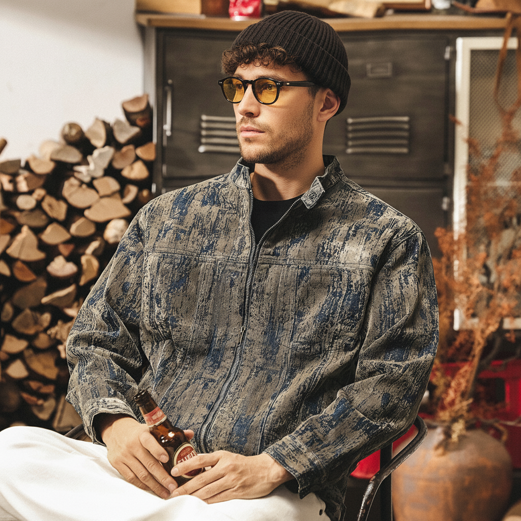 Washed Print Denim Stand-Collar Jacket