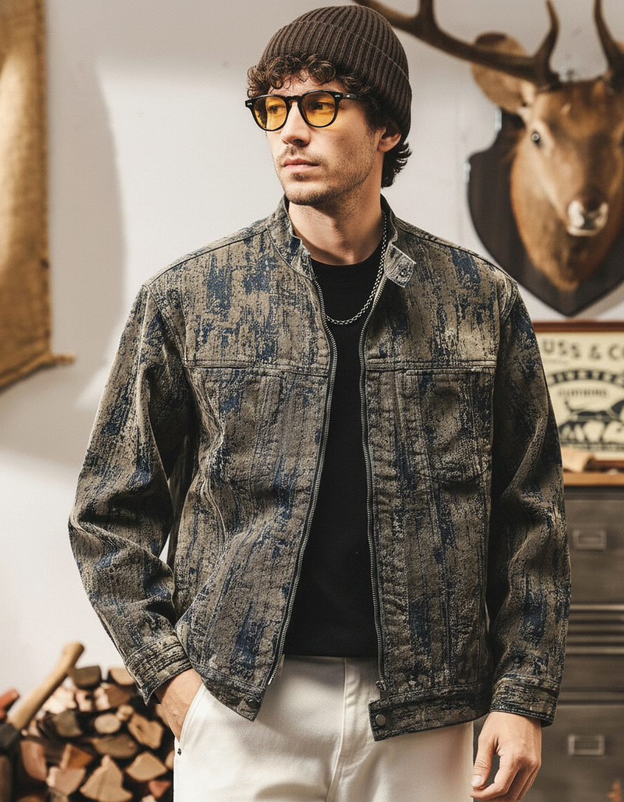 Washed Print Denim Stand-Collar Jacket