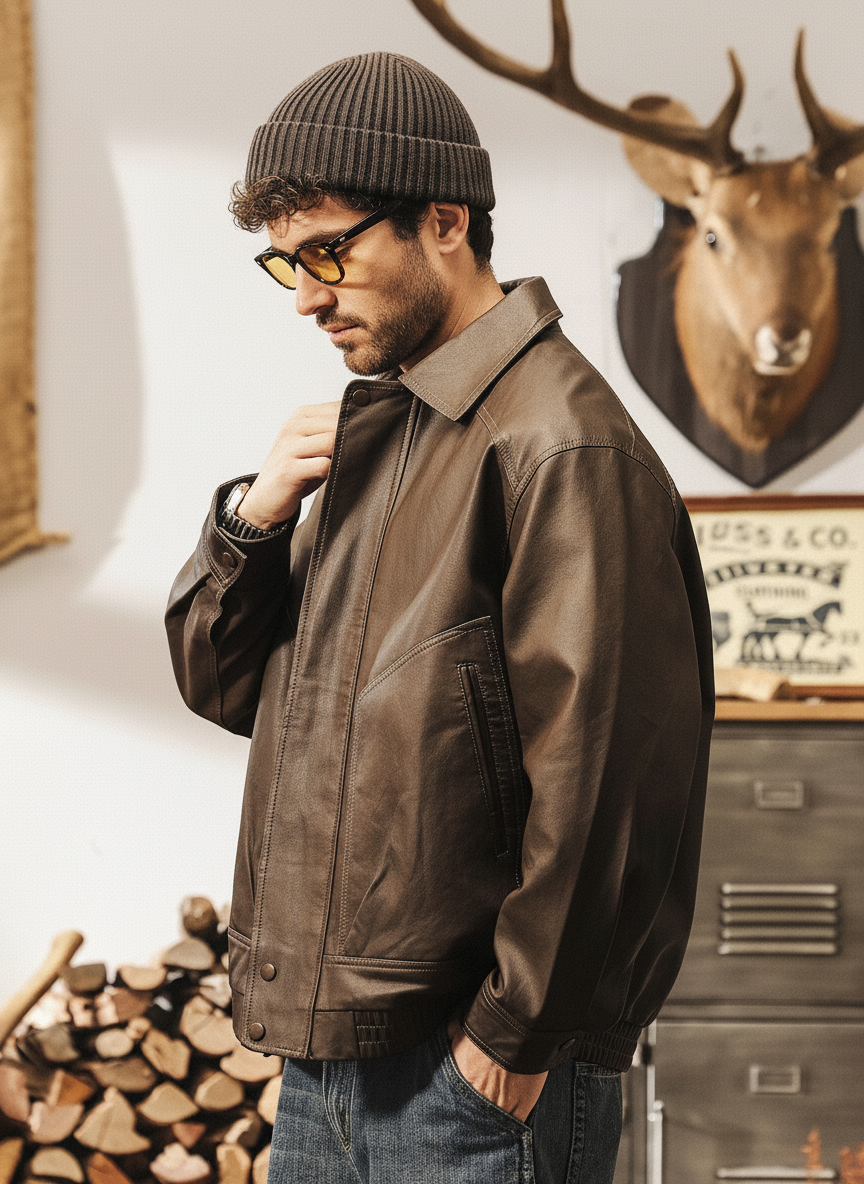 Washed Leather Zip Jacket