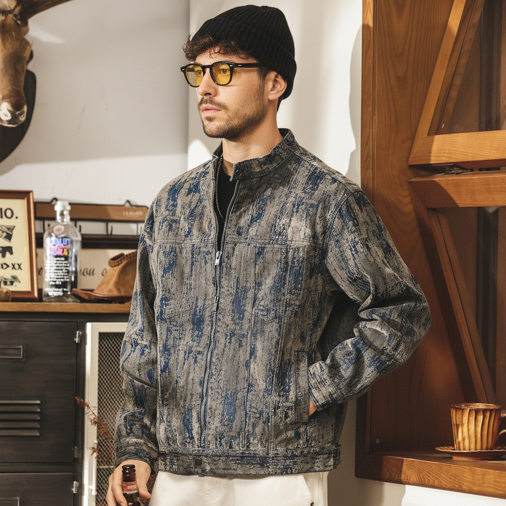 Washed Print Denim Stand-Collar Jacket