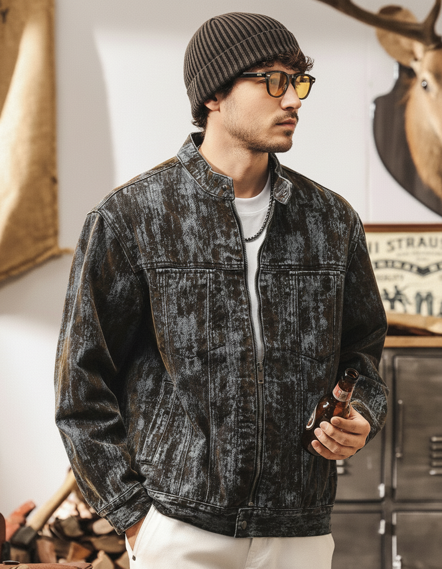 Washed Print Denim Stand-Collar Jacket